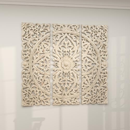 Deco 79 Wood Floral Handmade Intricately Carved Wall Decor with Mandala Design, Set of 3 48"H, 48"W, Beige