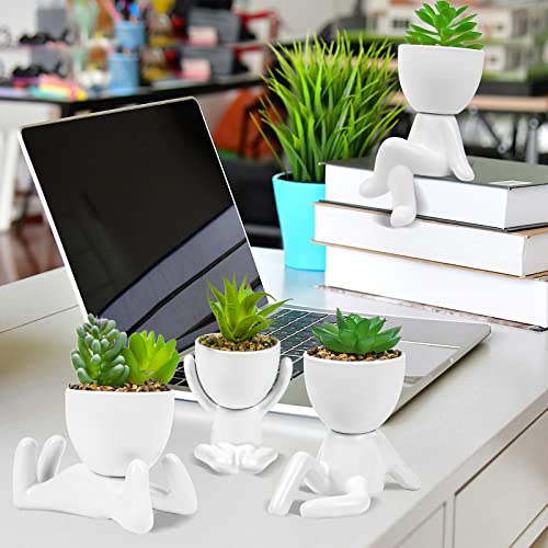 LJMBOEN 4 PCS Cute Fake Succulent with Creative Human Shaped Pots,Mini Ceramic Plant Potted Succulents for Women Men,Faux Succulents Plants for Office,Home,Bathroom and Shelf Decor (White)