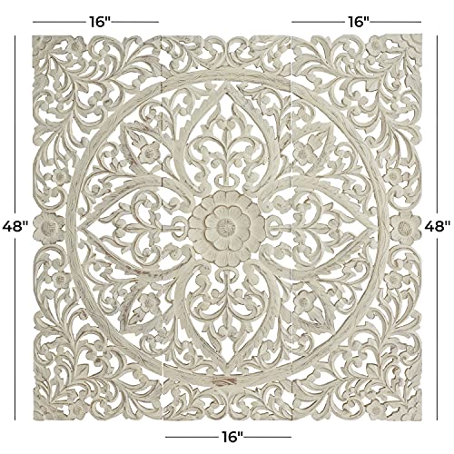 Deco 79 Wood Floral Handmade Intricately Carved Wall Decor with Mandala Design, Set of 3 48"H, 48"W, Beige