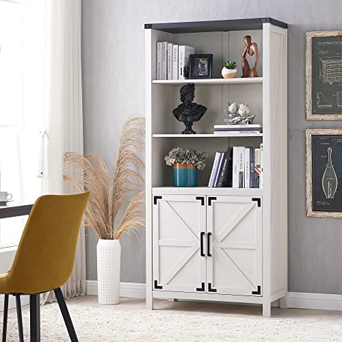 JXQTLINGMU Farmhouse Storage Cabinet, 5 Shelf Bookshelf, Bookcase, Pantry Cabinet, Versatile Storage Cabinet with Doors and Adjustable Shelves for Living Room, Bedroom, Kitchen (White)