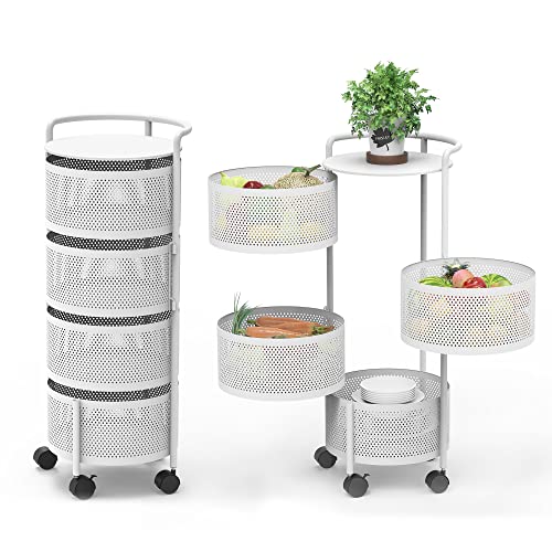 JAQ Rotating Storage Shelves Rack for Kitchen, 4-Tier Multi Layer Removable Basket Shelf Organizer on Rolling Wheels for Fruit Vegetable Grocery Corns Potato Onion (4-Tier, White)