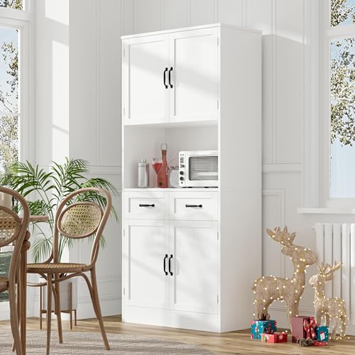 HOSTACK 71“ Tall Kitchen Pantry Storage Cabinet, Modern Kitchen Hutch Bar Cabinet with Microwave Stand, Wood Buffet Sideboard with Hutch, Cupboard with Drawers, Shelves for Dining Room, White