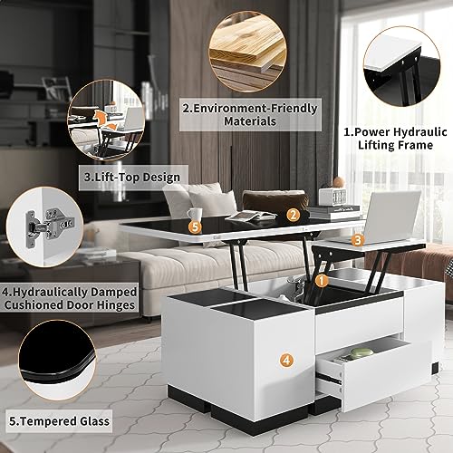 Merax Modern 3-in-1 Lift Top Coffee Table with 4 Storage Stools for Living Room Extendable 1 Hidden + 2 Drawers Space Saving Folding Glass Dining（47.2 Inch）, White/Black