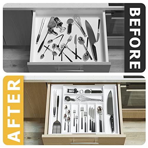 Utensil Organizer Silverware Drawer Organizer - Adjustable Utensil Tray Bamboo Silverware Divider with Groove for Kitchen Flatware, Hair Accessories, Repair Tools, Art Set W13.5"-19.9" x L17.6"(White)