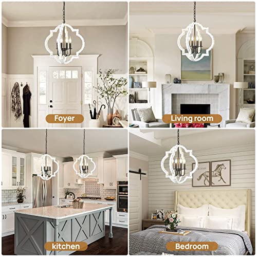 21.7" Farmhouse Wood Chandelier Light Fixture, 4-Light Handmade Distressed White Geometric Hanging Pendant Lighting for Dining Room, Kitchen Island, Entryway, stairwell (Colour: White)