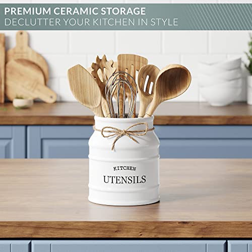 Barnyard Designs Ceramic Farmhouse Utensil Holder for Kitchen Counter, Large Rustic Utensil Crock, Countertop Cooking Tool Spatula Organizer, 6.75”, White