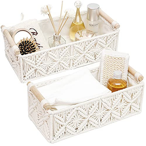 Macrame Boho Decor Bathroom Baskets for Organizing Woven Decorative Basket for Countertop Toilet Paper Basket for Tank Top for Home Decor Bedroom Nursery Livingroom Entryway (Set of 2)