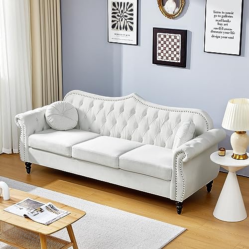 AVZEAR 82" Three Seater Sofa, Chesterfield Sofa, Mid-Century Modern Velvet Upholstered Sofa, Deep Button Tufted Living Room Sofa with Two Throw Pillows, White