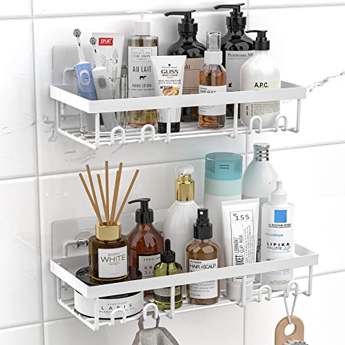 Moforoco Shower Caddy Shelf Organizer Rack, Self Adhesive White Bathroom Shelves Basket, Home Farmhouse Wall Shower Inside Organization and Storage Decor Rv Accessories, First Apartment Essentials