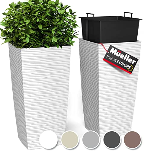 Janska by Mueller M-Resin Heavy Duty Tall Planter, Indoor/Outdoor Grande Plant, Tree, Flower Pot, 2-Piece Set, 27.5”, Modern Design, Built-in Drainage, White