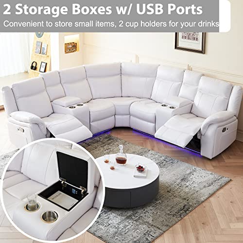 ELIASER White Manual Recliner Sectional Sofa Couch Faux Leather Living Room, Luxury Home Theater Office Furniture Sets w/ 2 Comfy Recline Seat LED Light Cup Holder USB Port Storage Console