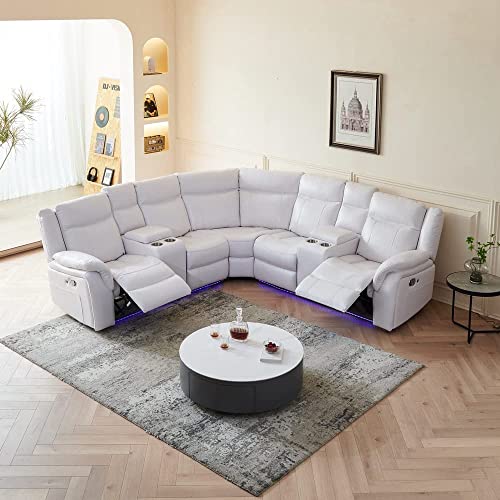 ELIASER White Manual Recliner Sectional Sofa Couch Faux Leather Living Room, Luxury Home Theater Office Furniture Sets w/ 2 Comfy Recline Seat LED Light Cup Holder USB Port Storage Console