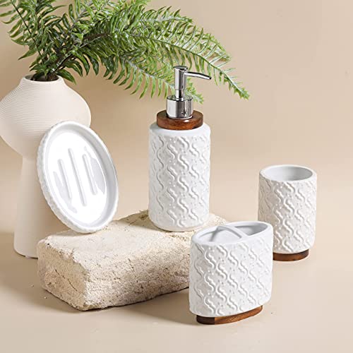 RQYIXI Bathroom Accessories Set 4 Pcs Toothbrush Holder Soap Dispenser Ceramic and Wood Bathroom Set Contain Toothbrush Cup Soap Dish Tumbler Black