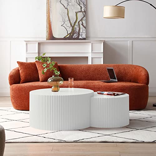 KEVINSPACE Coffee Table Set of 2 Modern, Living Room Nesting Table Round 2-Piece, No Assembly Required Wooden Circle End Table Set Accent Furniture for Bedroom Balcony Library,White