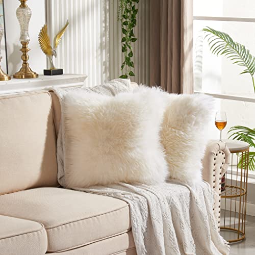 Outlavish Sheepskin Pillows, Real Genuine Lambskin Rabbit Fur Throw Decorative Cushion Case Covers for Couch & Bedroom, Luxuriously Soft & Fluffy, Set of Two (Pearl White, 18x18)