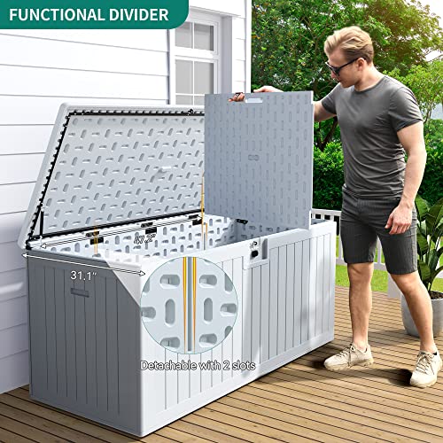 YITAHOME XXL 230 Gallon Large Deck Box,Outdoor Storage for Patio Furniture Cushions,Garden Tools and Pool Toys with Flexible Divider,Waterproof,Lockable (Grayish-White)