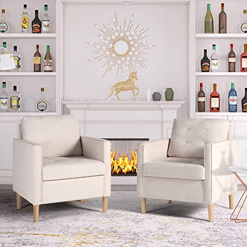 STHOUYN Mid Century Modern Home Office Upholstered Fabric Accent Chairs Set of 2 with Arms Reading Chair Club Chair, Living Room Bedroom Office, White (2, White)