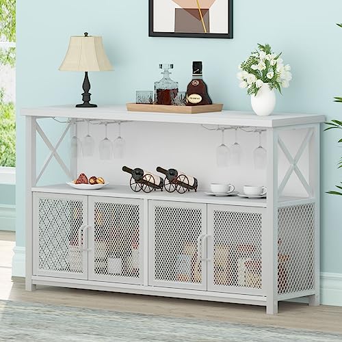 LVB White Coffee Bar Cabinet, Modern Wine Cabinet for Liquor and Glasses, Farmhouse Liquor Cabinet with Storage Rack, Industrial Kitchen Sideboard Buffet Cabinet for Home Dining Room, White Oak, 47 In