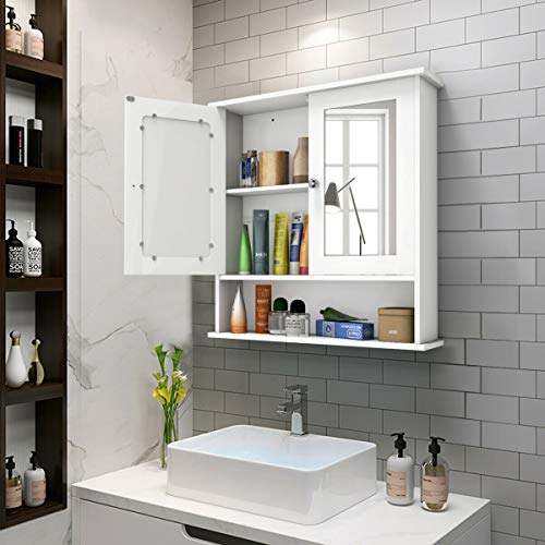 Tangkula Bathroom Cabinet, Wall Mount Storage Cabinet with Double Mirror Doors, Wood Medicine Cabinet(White)