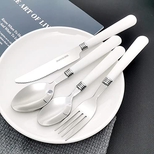 White Silverware Set for 8 Durable Stainless Steel Flatware Set 32 Piece Cutlery Tableware Utensils White Handle (ABS) Set Include Teaspoons Knives Forks and Spoons for Home Kitchen Christmas