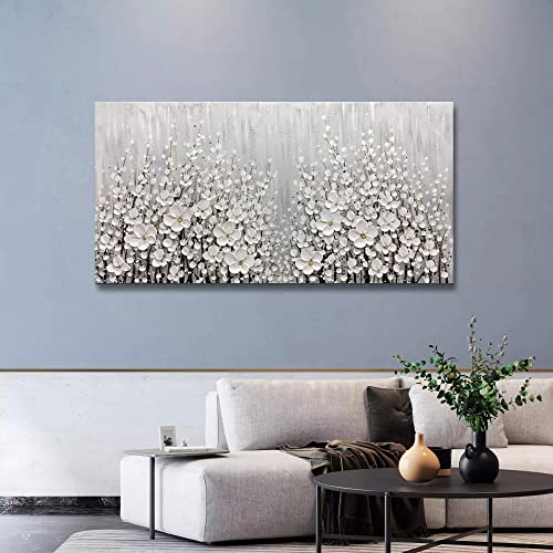 V-inspire Art, 30x60 Inch Hand Painted 3D White Flowers Wall Art Abstract Canvas Oil Paintings Wall Decorations for Living room Dining room Bedroom Artwork for Home Walls