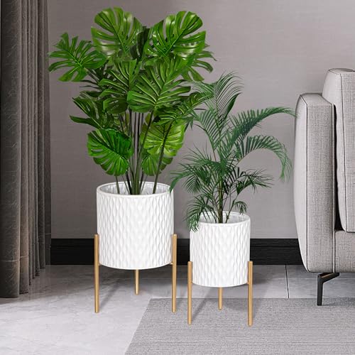 ARNIS Plants Pots with Stand, Indoor Planter Pots, Unique Mid Century Decorative Metal Flower Pots with Drainage, 8 & 10.25 Inch, White and Gold