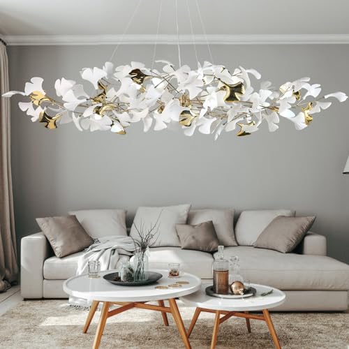 GREMLBUK 59 Inch White Rectangle Chandelier Gold Ceramic Ginkgo Leaf Chandeliers Brass Large Chandelier Modern Hanging Lights Fixture for Living Room Dining Room Kitchen Island,10-Light