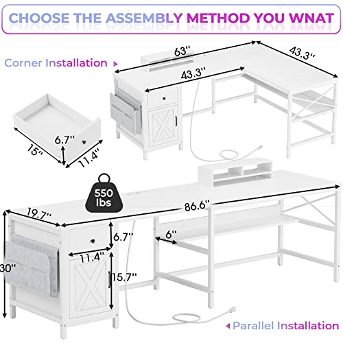 SEDETA L Shaped Computer Desk, Convertible 86.6" Home Office Desk or Corner Desk, Office Desk with Drawer, Power Strip, Storage Cabinet & Storage Bag, White