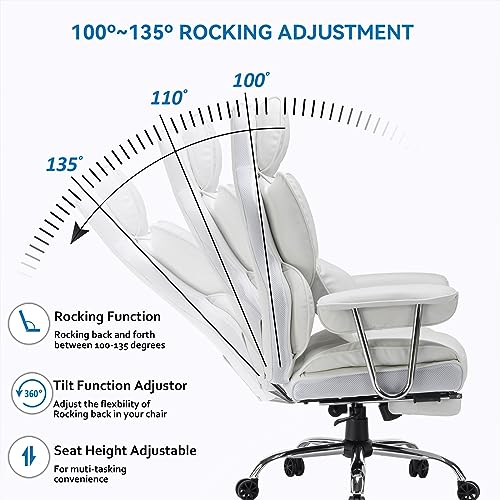 Efomao Ergonomic Office Chair, Big and Tall High Back PU Leather Wide Computer Office Chair Executive Office Chair Lumbar Support Leg Rest for Heavy People, White Office Chair