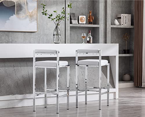 ZSARTS White Leather Bar Stools Set of 4, 30 Inch High Bar Chairs Modern Silver Barstools with Iron Back Upholstered Kitchen Island Stools with Footrest for Pub Coffee Home Dinning Kitchen (White)