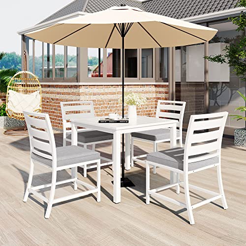 EMKK 5-Piece Indoor Outdoor Wicker Dining Set Furniture for Patio, Backyard w/Square Glass Tabletop, Umbrella Cutout, 4 Chairs, H-White