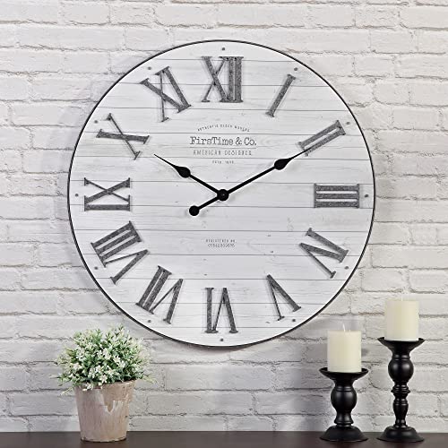 FirsTime & Co. White Emmett Shiplap Wall Clock, Large Vintage Decor for Living Room, Home Office, Round, Plastic, Farmhouse, 27 inches