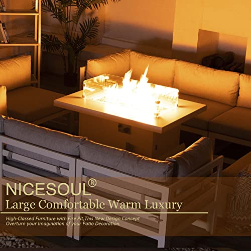 NICESOUL® 7 Pieces Aluminum Patio Furniture with Fire Pit Table Outdoor Conversation Set 43" Propane & Natural Gas Convertable Fire Pit Table Modern Luxury Sofa Set White Gray Color 7 Pieces