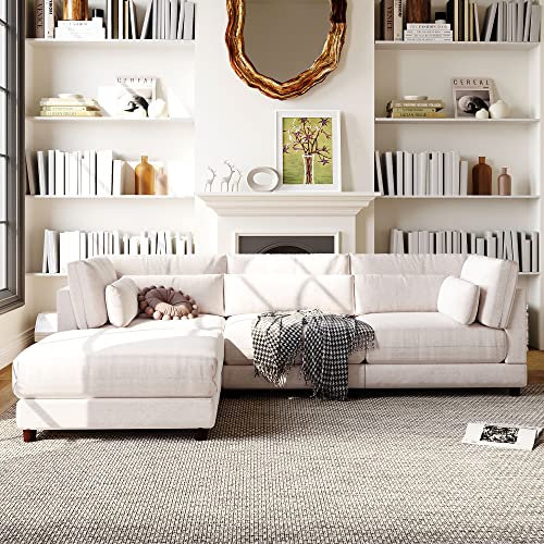 Merax 2 Pieces L Shaped Sofa with Removable Ottomans and Comfortable Waist Pillows, Beige