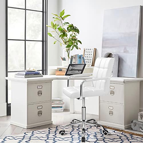 Furmax Mid-Back Office Task Chair Ribbed PU Leather Executive Modern Adjustable Home Desk Retro Comfortable Work Chair 360 Degree Swivel with Arms (White)