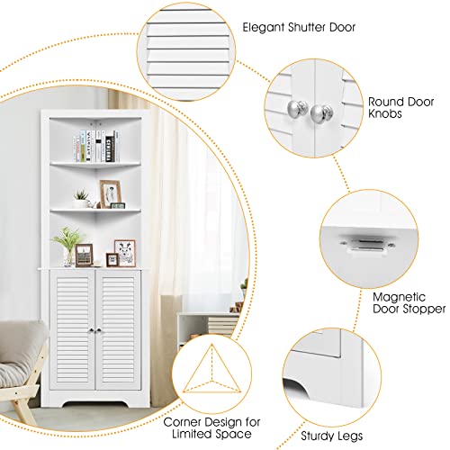 COSTWAY Tall Corner Cabinet, Wooden Freestanding Storage Cabinet with 3 Open Shelves & Doors, Large Capacity Storage Organizer for Bathroom Living Room Bedroom Kitchen (White)