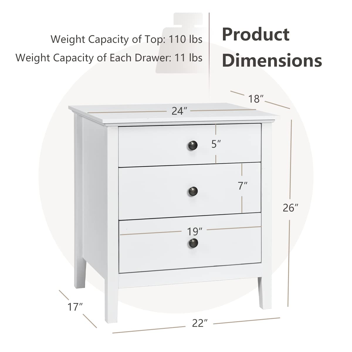 KOTEK Set of 2 Nightstands with Drawers, Side Table End Table Accent Table w/Drawers, 3-Drawer Nightstand for Bedroom, Living Room (White)