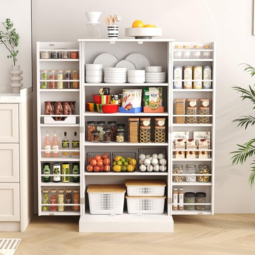 HOME BI 47" Kitchen Storage Cabinet, White Freestanding Kitchen Pantry Storage Cabinet Storage Cabinet with Doors and Shelves & Adjustable Shelves for Kitchen, Living Room and Dinning Room