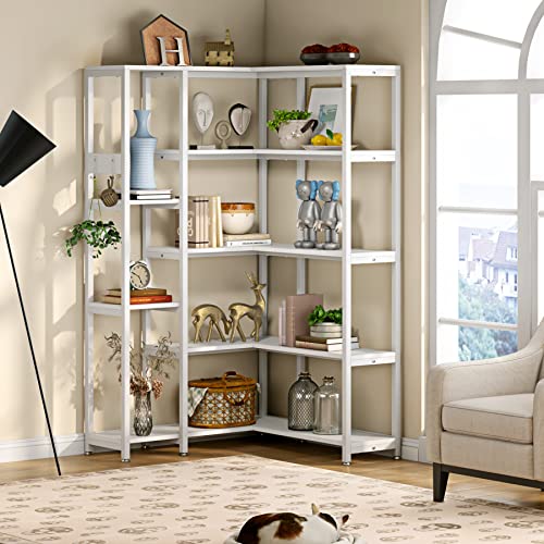 TIYASE 5-Shelf Corner Bookshelf, Modern Large Corner Etagere Bookcase, 5-Tier Tall Corner Shelf Display Storage Rack with Metal Frame for Living Room Home Office, White