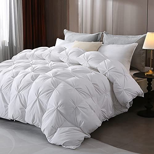 DWR Pinch Pleat Goose Feathers Down Comforter King Size, Ultra Soft Cotton Blend Cover, Luxury Fluffy Duvet Insert with 8 Corner Tabs, All-Season Medium Warm Bed Comforter(White, 106"x90")