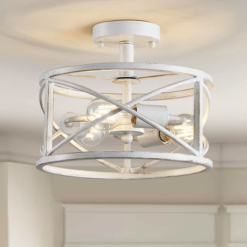 WUZUPS Chandelier 3-Light Vintage Farmhouse Industrial Semi-Flush Mount Ceiling Light Lighting Fixture for Foyer Bedroom Hallway Storage Room Kitchen Bathroom, H 9.4" x W 12", E26 Base, Antique White