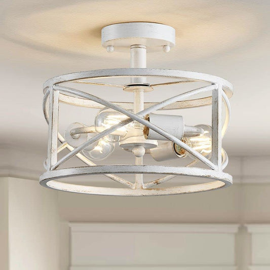 WUZUPS Chandelier 3-Light Vintage Farmhouse Industrial Semi-Flush Mount Ceiling Light Lighting Fixture for Foyer Bedroom Hallway Storage Room Kitchen Bathroom, H 9.4" x W 12", E26 Base, Antique White