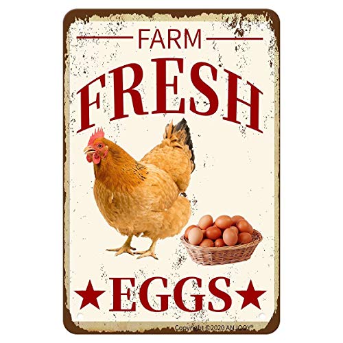 ANJOOY Metal Tin Signs - Farm Fresh Eggs - Chicken Funny Kitchen Farmhouse Store Market Country Farm Barn Supermarket Outdoor Wall Decor Art 8"x12"