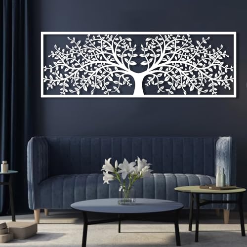 Tree of Life Metal Wall Decor, Tree of Life Metal Wall Art, Large Metal Tree Wall Decor, Metal Tree Wall Art, Metal Tree Decoration, Tree Silhouette, Living Room Bedroom Decor (White, 64"x 22"| 165x56cm)