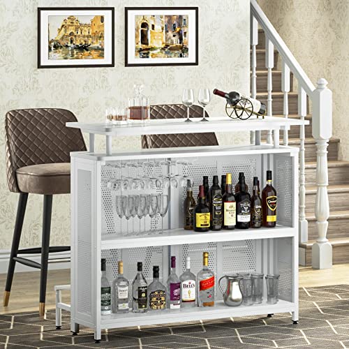 Tribesigns Home Bar Unit, 3 Tier Liquor Bar Table with Stemware Racks and Wine Storage Shelves, Wine Bar Cabinet Mini Bar for Home Kitchen Pub (White)