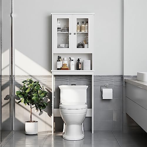 Meilocar Over The Toilet Storage Cabinet for Bathroom, Storage Organizer Over Toilet, Space Saver with Tempered Glass Doors, White