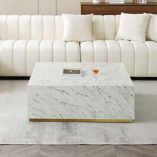 Modern Coffee Table, Square Center Table Modern Simple Faux Marble Coffee Table, Glam Accent End Table for Home, Apartment,Square White