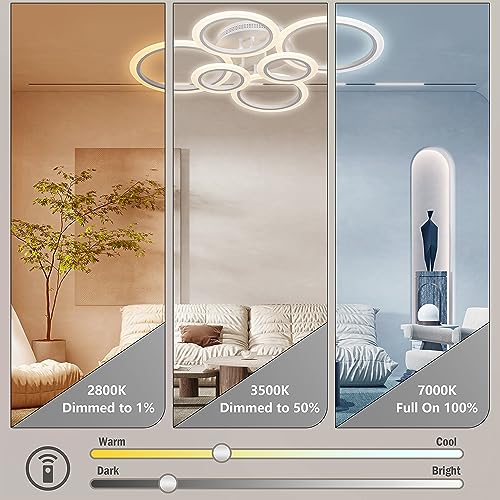 OUQI LED Ceiling Light 72W LED Ceiling Lamp 6400LM White 6 Rings Lighting Fixture for Living Room,Bedroom,Dining Room,Dimmable Remote Control,3 Color