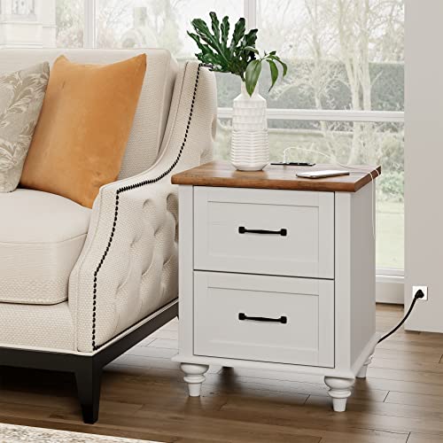 WAMPAT Set of 2 Side Tables with Charging Station, Antique White Nightstand for Bedroom Mid Century End Table Bedside Table with 2 Drawer & Solid Wood Legs, Night Stand for Dorm & Living Room