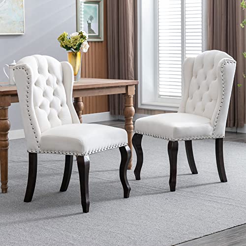 DM Furniture Velvet Dining Chairs Farmhouse Solid Wood Accent Chairs Side Host Kitchen Chair with Tufted Back for Dining Room/Living Room/Bedroom (Set of 2, Cream)